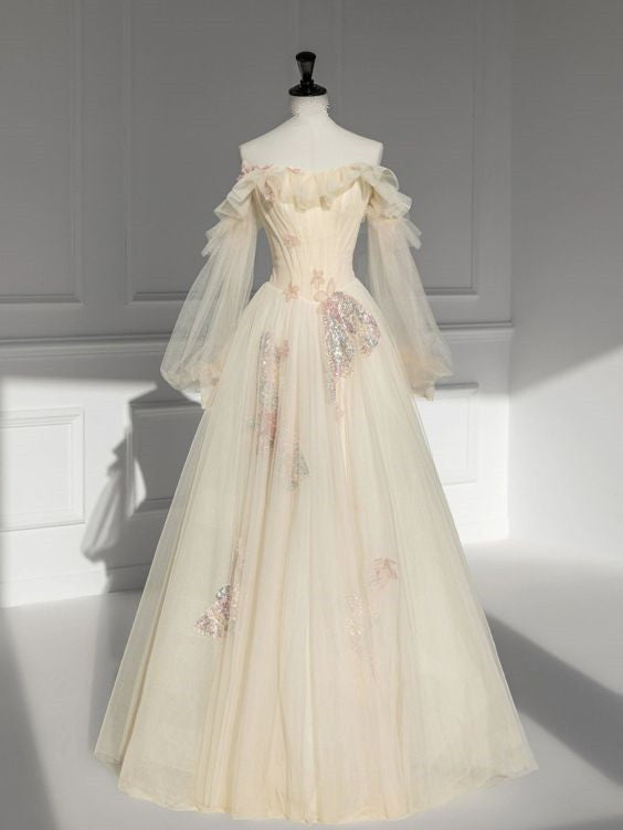 Champagne Off-the-shoulder Gown Dress Long Sleeve Prom Dress Evening Dress