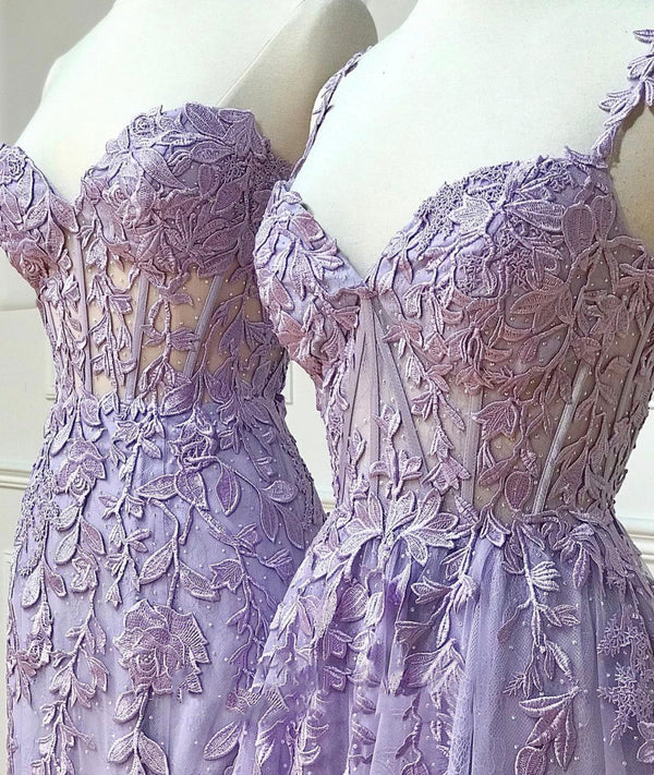 Elegant Lavender Lace Applique Long Prom Dresses