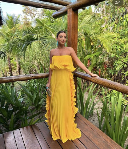 Yellow Pleated Prom Dresses Long Evening Gowns Formal Party Wear
