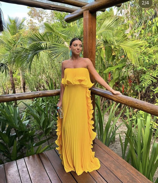 Yellow Pleated Prom Dresses Long Evening Gowns Formal Party Wear