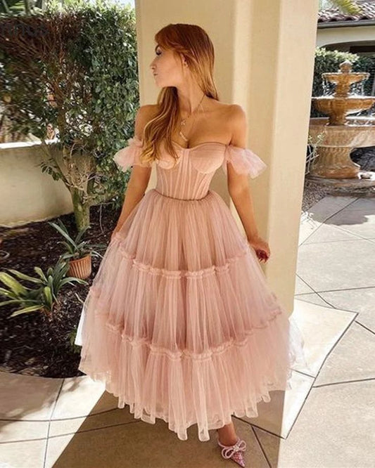 LTP1866,A-Line Pink Off The Shoulder Tulle Prom Homecoming Dresses