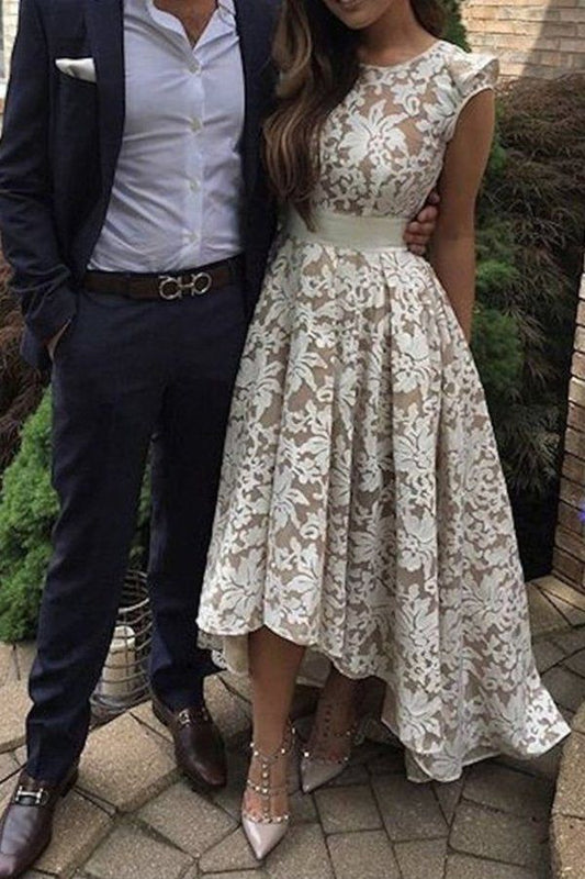 LTP1888,Charming White Champagne Lace High Low Homecoming Dresses