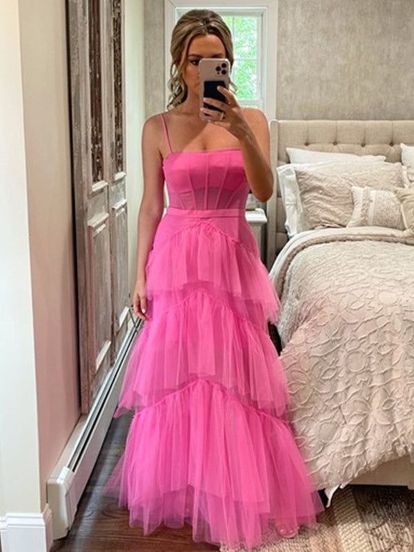 LTP1782,Elegant Open Back Layered Hot Pink Tulle Long Prom Dresses, Hot Pink Tulle Formal Graduation Evening Dresses
