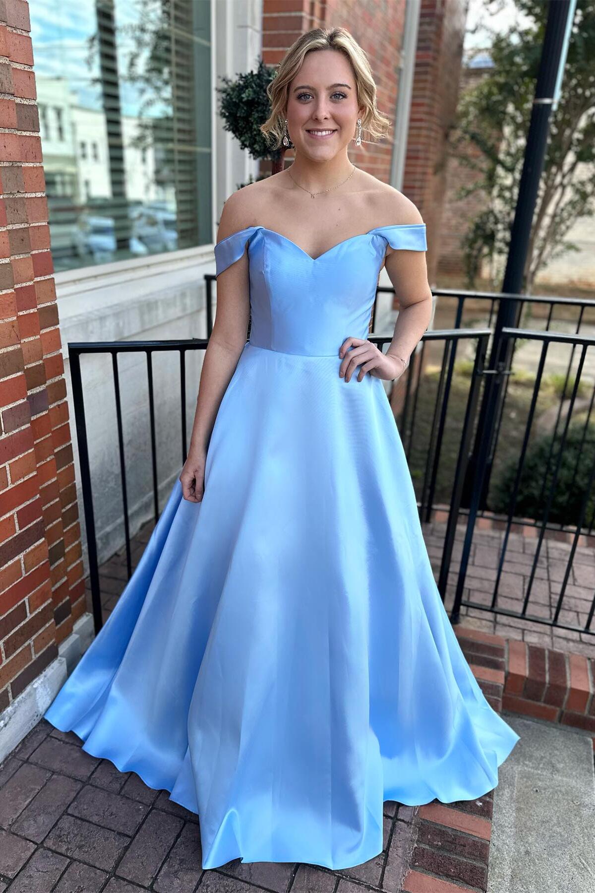 Off the Shoulder Light Blue Satin Prom Dress
