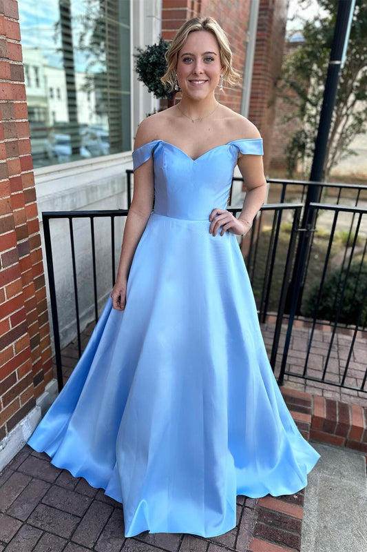 Off the Shoulder Light Blue Satin Prom Dress