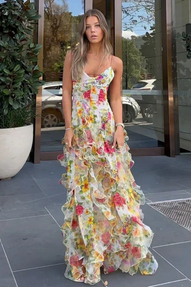 Chic A Line Spaghetti Straps Blue Floral Printed Long Party Dress