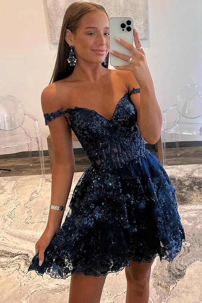 2023 New Style Luxury Sequin Lace Homecoming Dresses Off The Shoulder Mini Party Dress