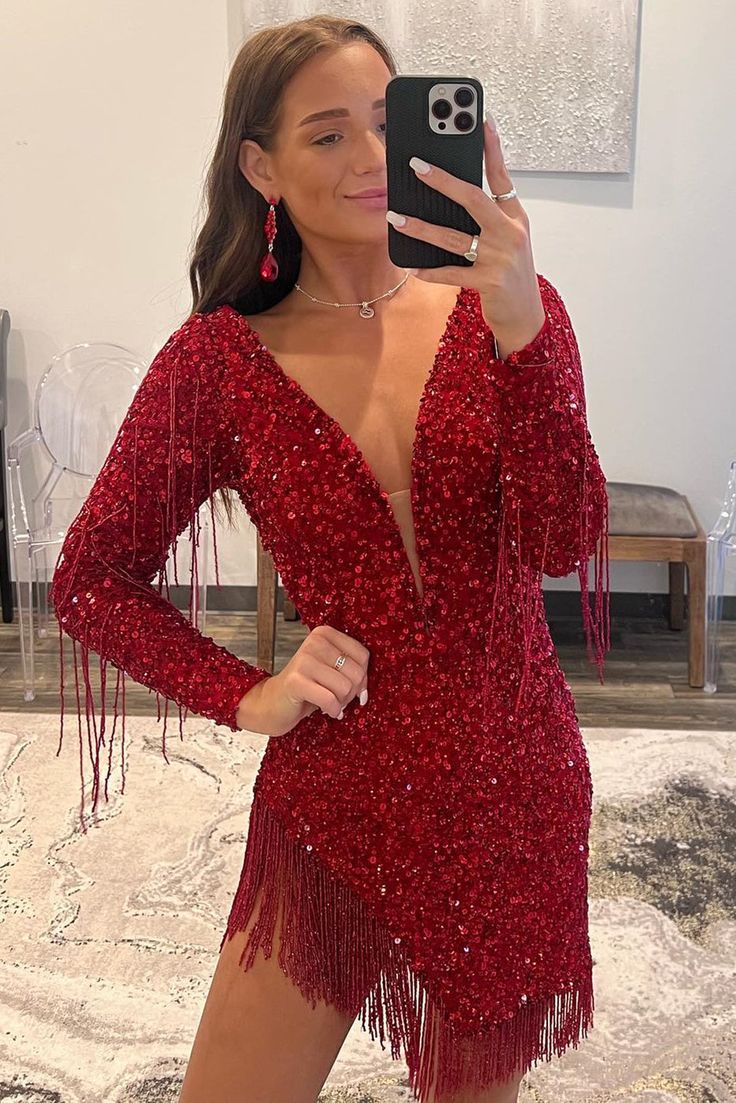 Burgundy Sequin Bodycon Homecoming Dresses With Tassel