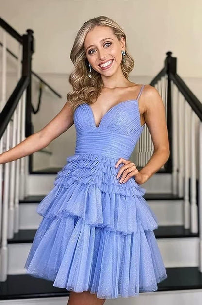 LTP1850,High Quality Sky Blue Tiered Women Glitter Tulle Homecoming Dress