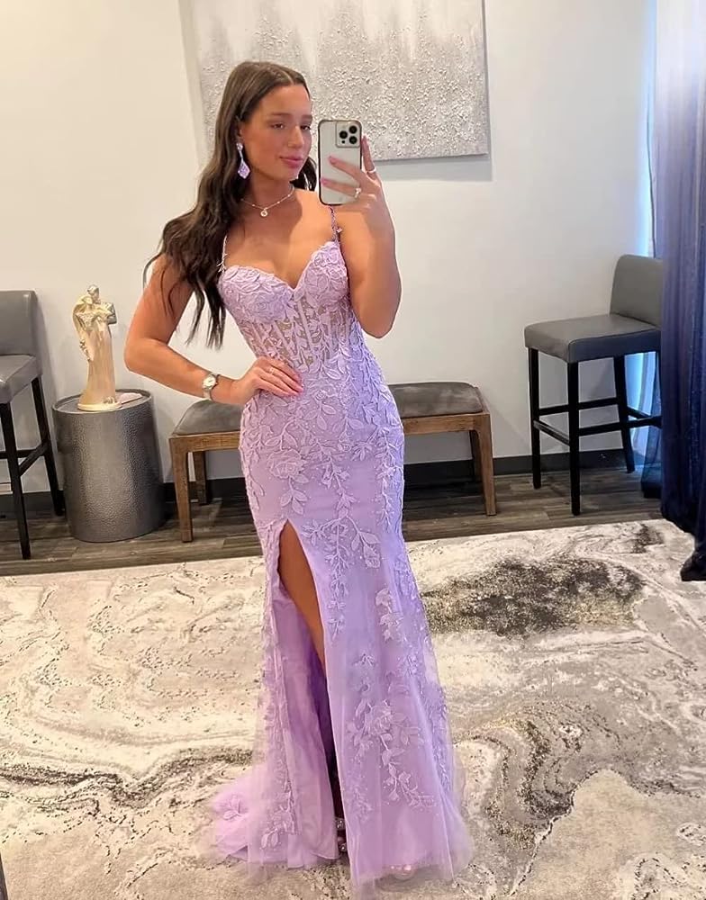 Light Purple Lace Mermaid Prom Evening Dress