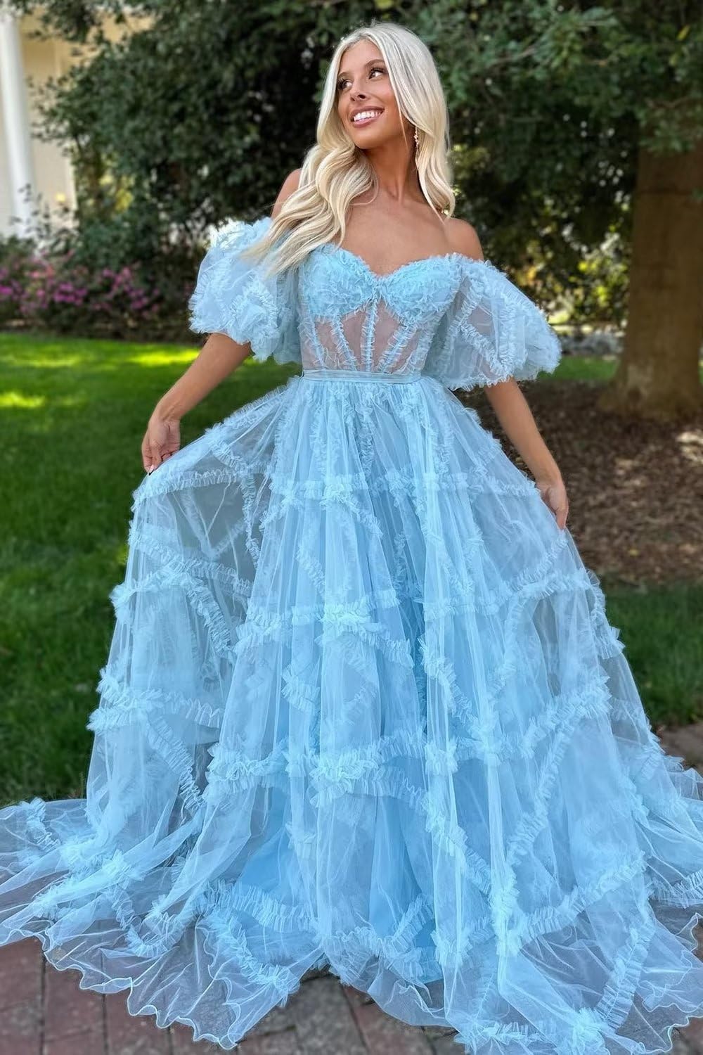 Sky Blue Puffy Sleeves Tulle Ruffles Long Prom Dress