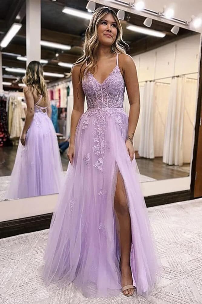 Lilac Appliques V-Neck Tulle Long Prom Dress