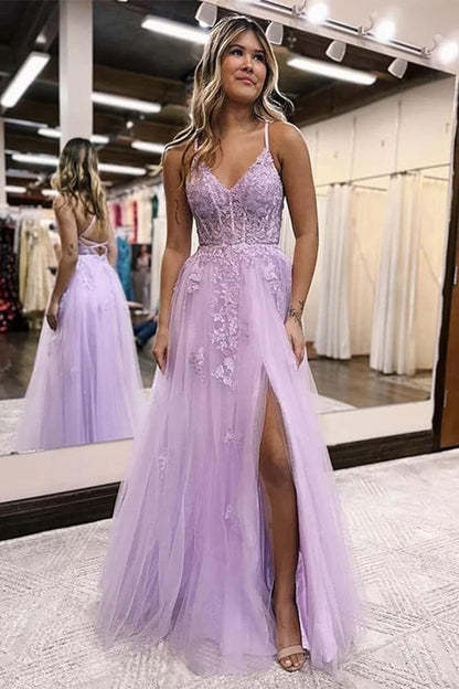 Lilac Appliques V-Neck Tulle Long Prom Dress