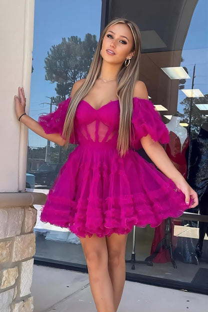 Hot Pink A-Line Tulle Homecoming Dress With Ruffles