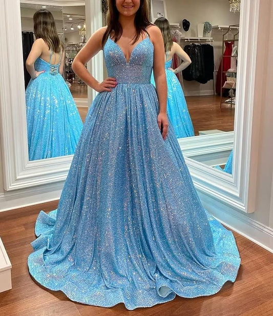 Sparkle V-Neck Evening Prom Dresses