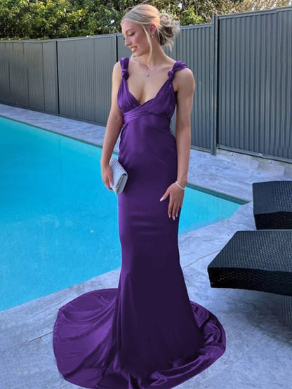 Sexy Purple V-Neck Mermaid Prom Formal Dresses With Open Back,LTP4519