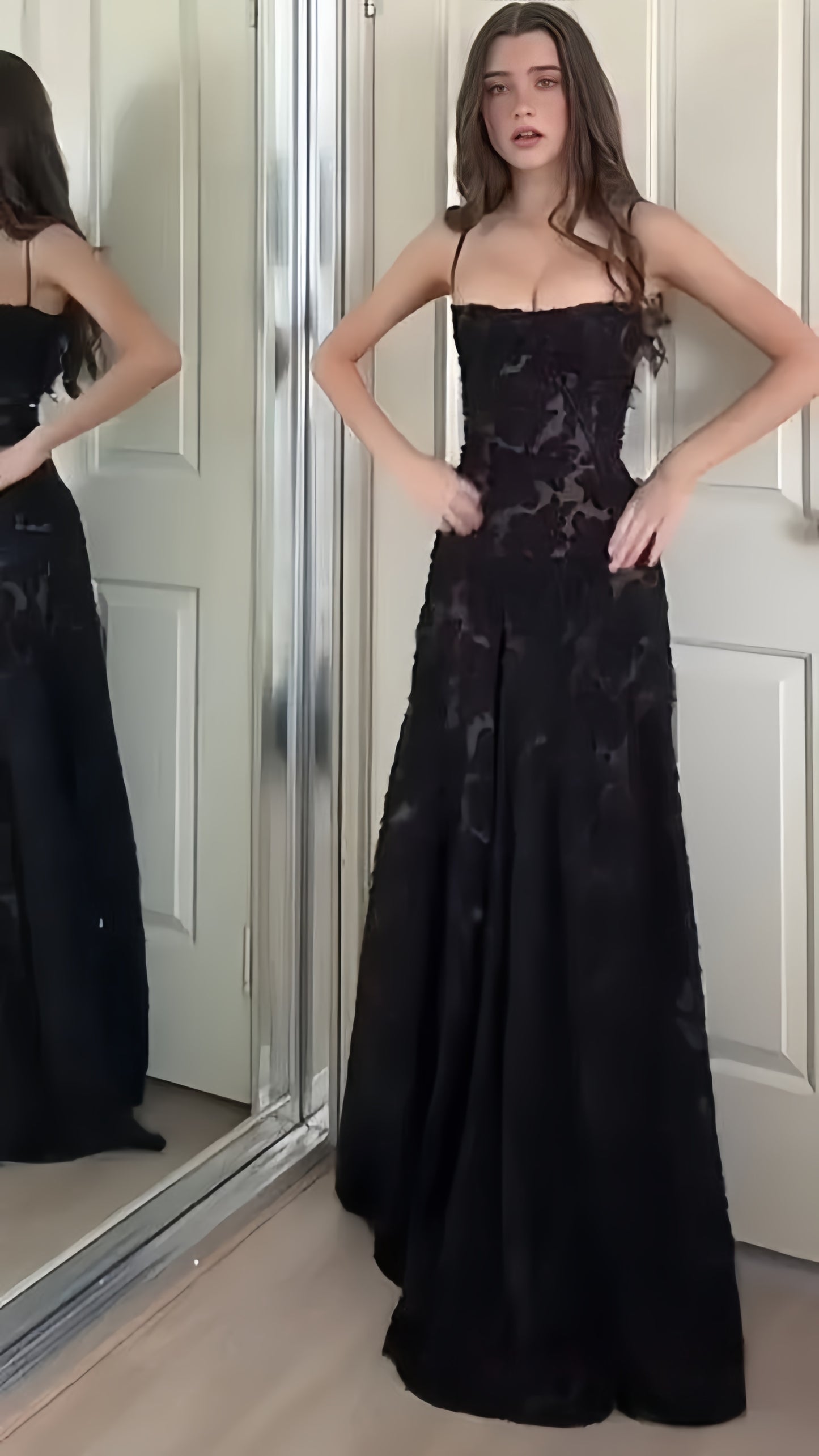 Spaghetti Straps Black Lace Slim Senior Prom Dresses For Women,LTP4281