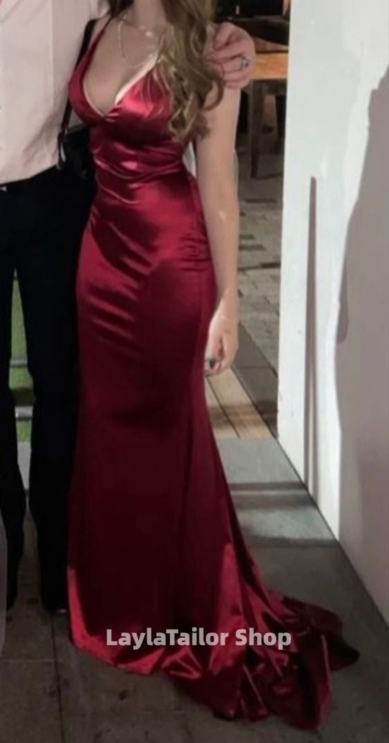 Chic Halter Mermaid Prom Dresses Long Satin V-Neck Evening Formal Dress,LTP4502