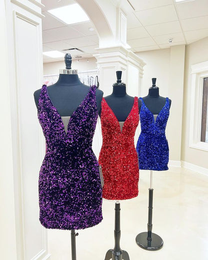 Purple Sequin V-Neck Bodycon Homecoming Dress