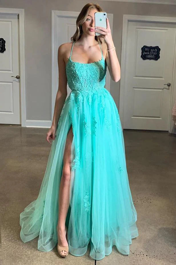 Spaghetti Straps A-line Prom Dresses Tulle Appliqued Gowns