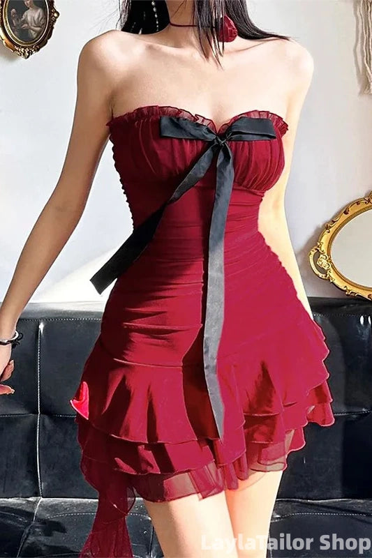 Vintage Burgundy Strapless A-line Short Homecoming Dress