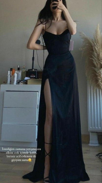 Sexy Black Spaghetti Straps Long Prom Evening Dresses