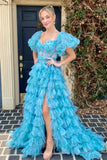Puffy Sleeves Blue Floral Print Ruffles Long Prom Dress