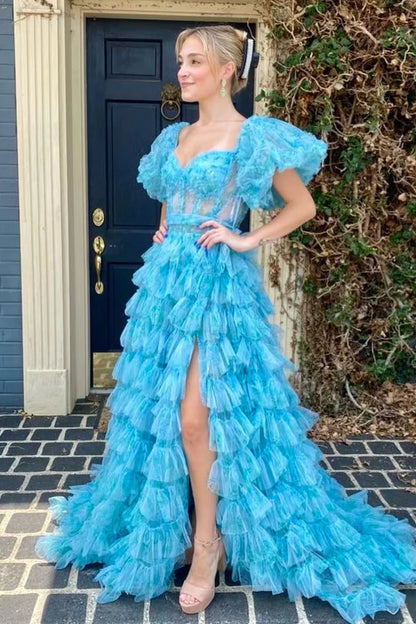 Puffy Sleeves Blue Floral Print Ruffles Long Prom Dress