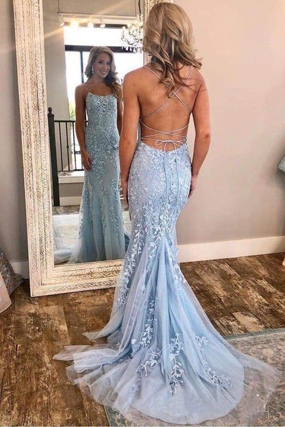 Lace Up Back Mermaid Appliques Long Evening Prom Dress