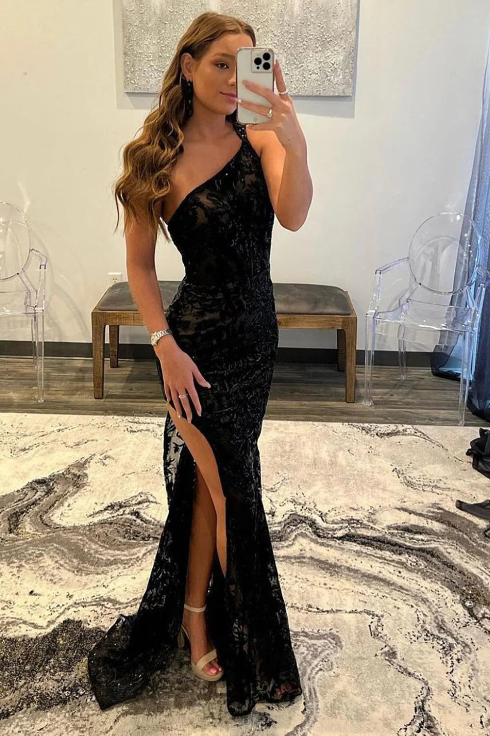 Floral Lace Mermaid One Shoulder Prom Dress