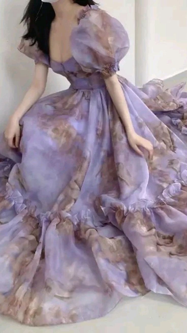 Purple Floral A-Line Evening Prom Dresses With Bubble Sleeves