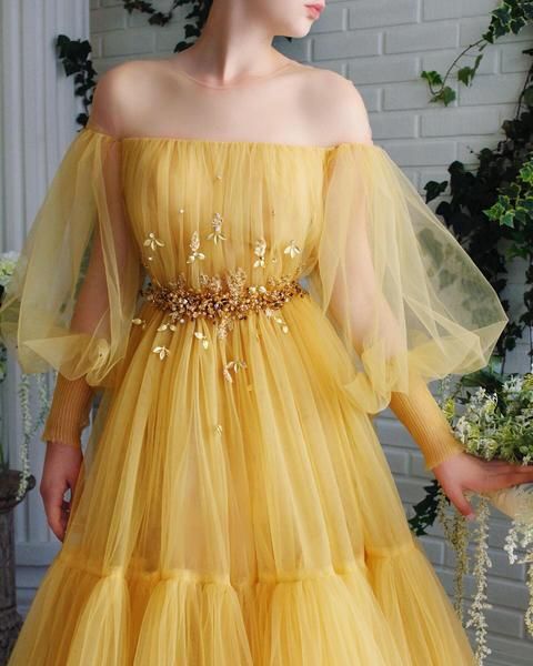 Yellow tulle lace long prom dress party dress