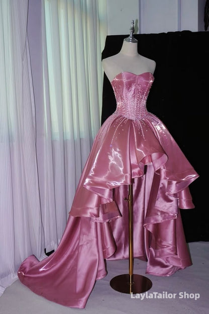 Elegant Pink Beaded Party Dress Sweetheart Hi-Lo Evening Homecoming Dresses
