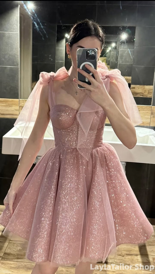 Sparkle Pink A-Line Homecoming Dresses Glitter Birthday Dress