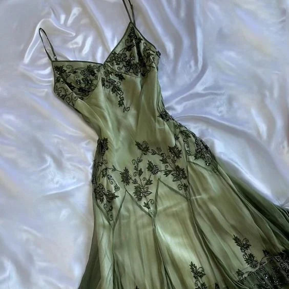 vintage green emerald maxi dress embroidered crystals floral Prom Dresses