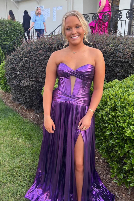 Sweetheart Metallic Yellow Pleated Long Formal Dress