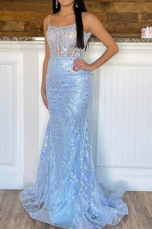 Gorgeous Light Blue Applique Spaghetti Straps Prom Dress