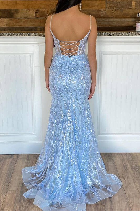 Gorgeous Light Blue Applique Spaghetti Straps Prom Dress