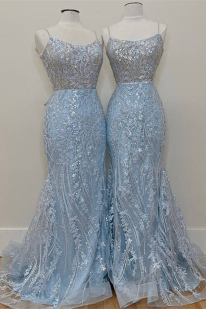 Gorgeous Light Blue Applique Spaghetti Straps Prom Dress