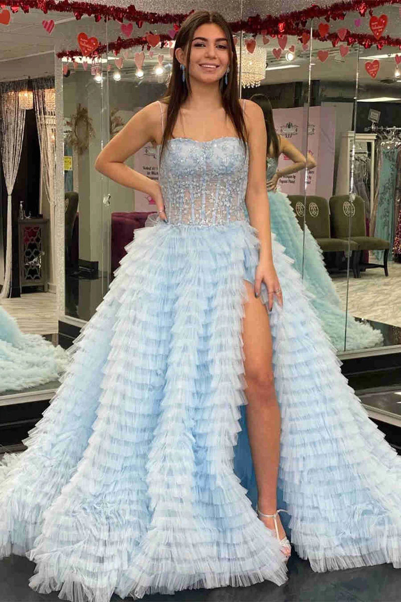 Light Blue Beaded Tulle Prom Dresses With Side Slit