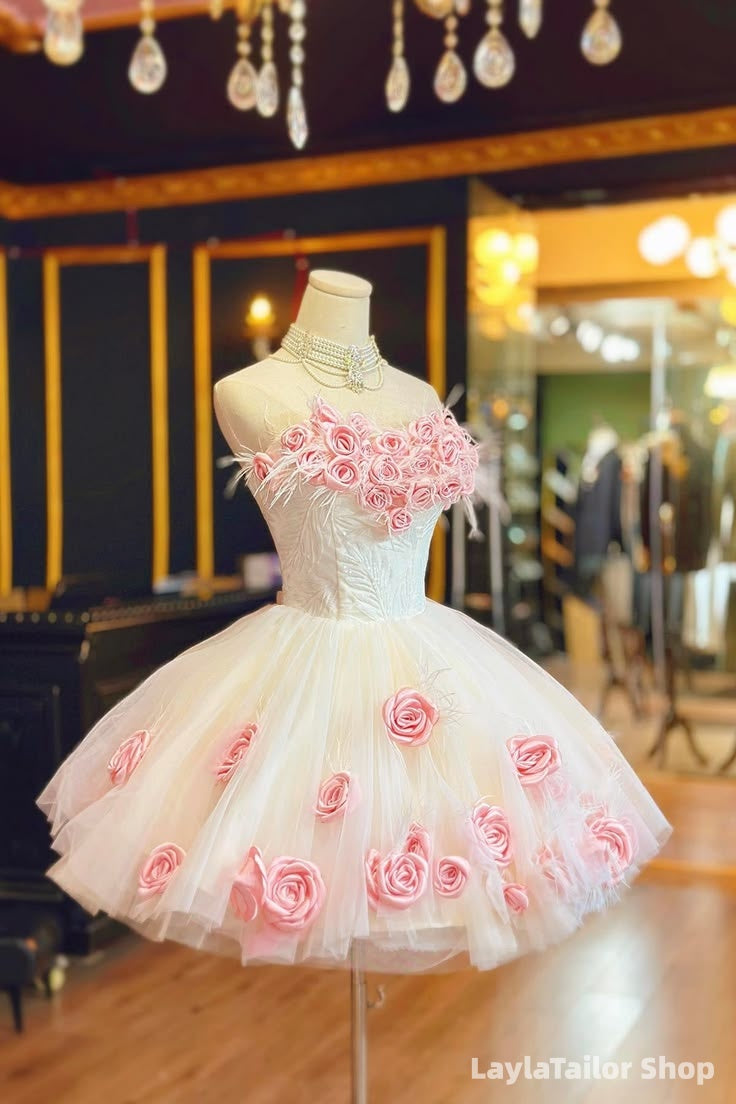 Sweet Ivory Pink Floral Homecoming Dresses With Big Bowknot