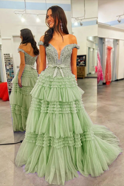 Princess Off The Shoulder Tiered Long Prom Dress