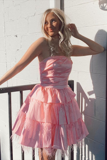 Pink Strapless Feather Mini Homecoming Dress