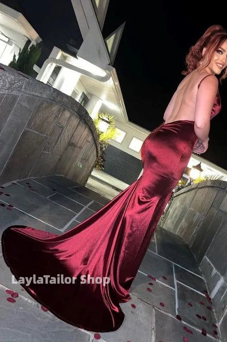 Chic Halter Mermaid Prom Dresses Long Satin V-Neck Evening Formal Dress,LTP4502