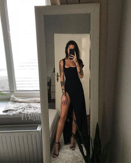 Sexy Black Straps Long Prom Evening Dresses with High Side Slit