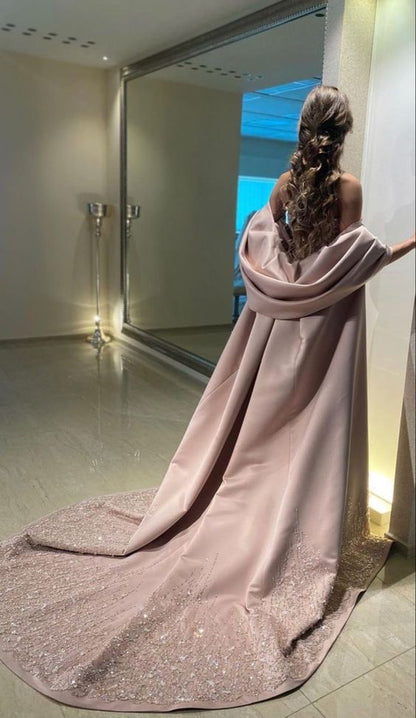 Luxury Champagne Beaded Sequins Bodycon Long Prom Dress With Pink Cloak