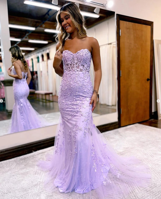 Mermaid Sleeveless Lace Tulle Prom Evening Dress