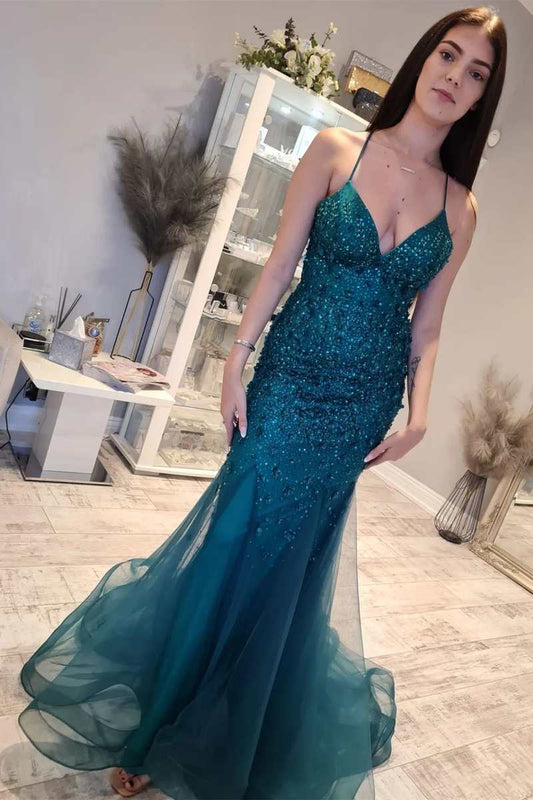 Sexy V-Neck Floral Beaded Mermaid Long Prom Dress