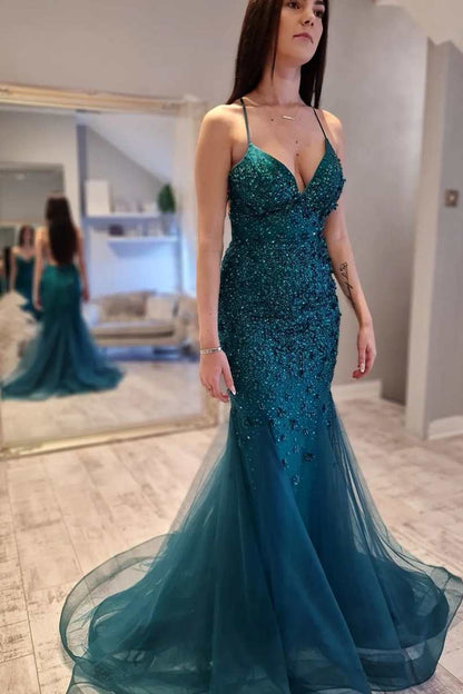 Sexy V-Neck Floral Beaded Mermaid Long Prom Dress