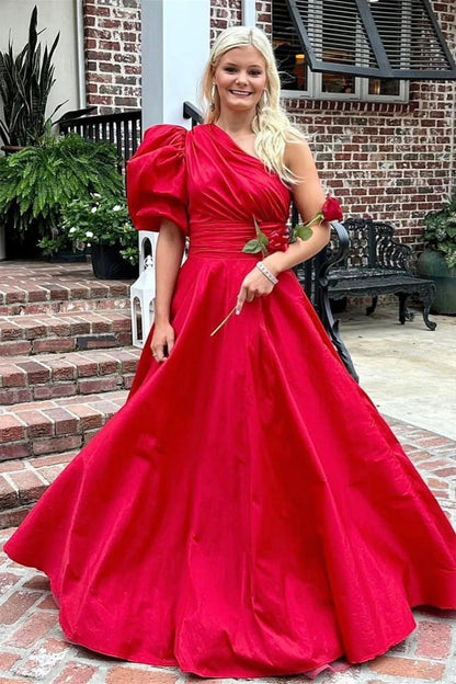 One Shoulder Red Satin A-Line Formal Gown Long Prom Dress 2024